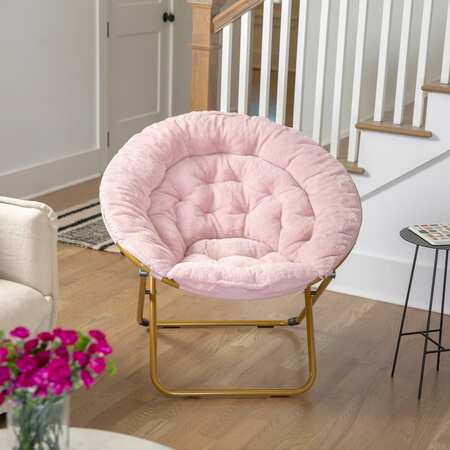 FLASH FURNITURE Gwen 38 Oversize Portable Faux Fur Folding Saucer Moon Chair, Blush Faux Fur/Soft Gold Frame FV-FMC-025-BL-SGD-GG